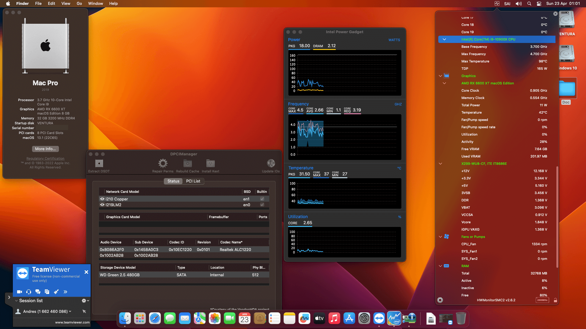 Success Hackintosh macOS Ventura 13.1 Build 22C65 in Gigabyte X299-WU8 + Intel Core i9 10900X + OEM AMD RX 6600 XT